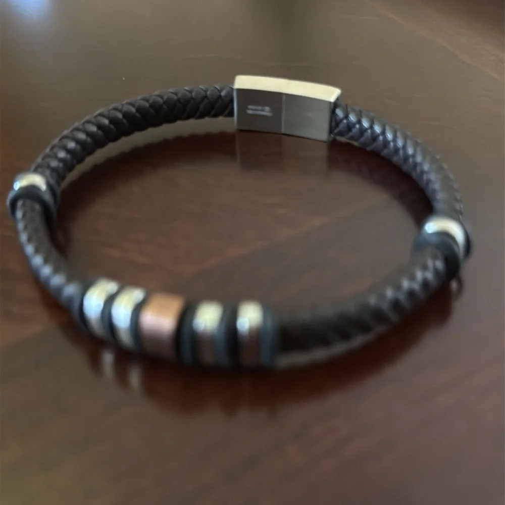 New Men’s Stainless Steel and Braided Brown Leather Bracelet